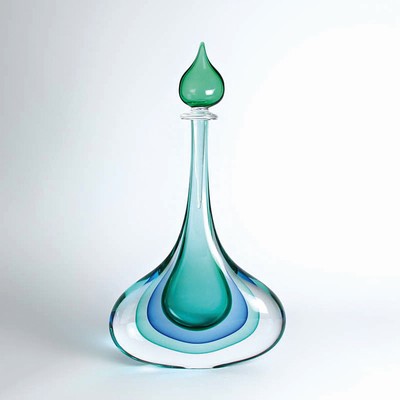 Sommerso-Vase, Luigi Onesto, Murano, farbloses Glas mit grünem und türkisfarbenem Innenüberfang, mit Stopfen, H. 37 cm, am Hals min. best.