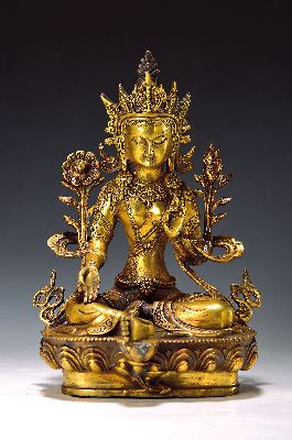 Weiße Tara, Nepal, 20. Jh., Kupferlegierung vergoldet, Darstellung der Langlebensgöttin, H. 29 cm