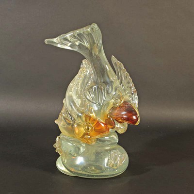 Glasskulptur Fische, Alfredo Barbini für Cenedese, Murano, 1950er-Jahre, farbloses, partiell eingefärbtes Glas, z.T. lüstriert, Paar Fische, ...