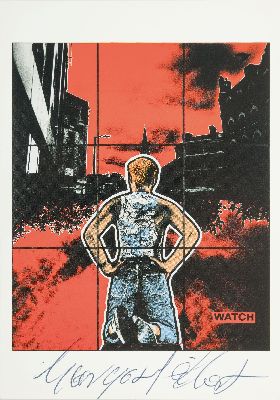 Gilbert & George, geb. 1943/1942, Postkarte mit Gefälligkeitssignatur, "WATCH" (1988), 2000er-Jahre, 10,5x15 cm