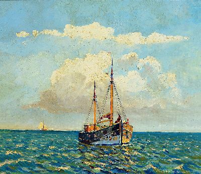 Heinz Mindermann, 1872 Bremen-1959 Norderney , Fischerboot vor leicht bewölktem Himmel, rechts unten signiert und datiert 1935, Öl/Lwd, Rahmen ...