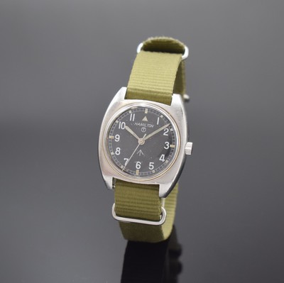 HAMILTON Militärische Armbanduhr, Schweiz, lt. Bodengravur für die britische Armee 04/1973, Einschalengeh. in Edelstahl, Handaufzug, Unruhstopp bei ...