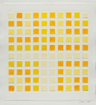Hajo Heinecke, geb. 1948 Hamburg, Collage, Rasterdruck mit farbfeldern in gelb- und orangetönen, handsigniert, 50x35 cm