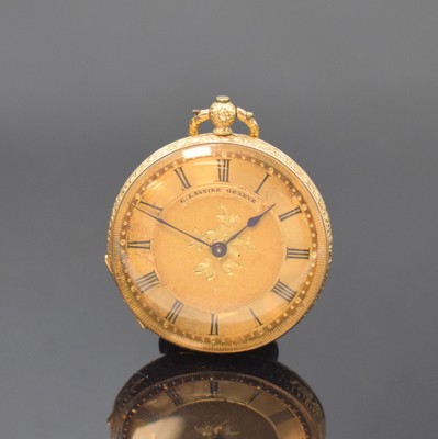 C. LANNIER Zylindertaschenuhr in GG 750/000, Schweiz um 1890, Schlüsselaufzug, gold. Zifferbl. im Zentrum guill., gebl. Zeiger, Boden ...