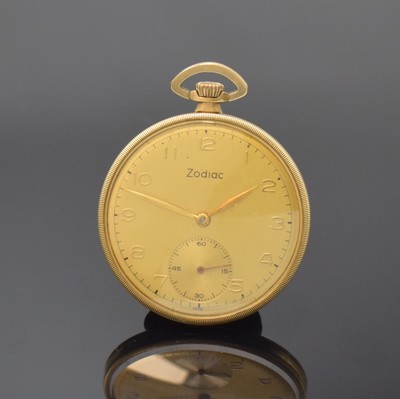 ZODIAC offene Herrentaschenuhr in GG 750/000, Schweiz um 1930, 3-teil. Geh., Boden und Glasrand aufgedr., gold. Zifferbl. m. aufges. Std.-Zeichen ...
