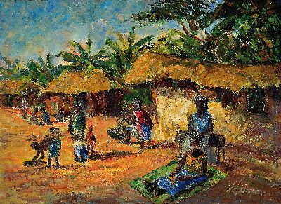 Wolfgang Heinz Unger, 1929-2019, "bei Nairobi", verso betitelt, 1969, afrikanische Dorflandschaft, signiert. Öl/Lwd, 50x70 cm