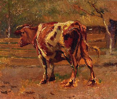 Unbekannter Künstler Anfang 20.Jh., Zügelschule, Studie einer braungefleckten Kuh, unsigniert, Öl/Lwd, 42x50 cm, Rahmen best. 60x70 cm, auf ...