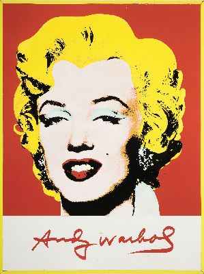 Nach Andy Warhol (1928-1987), Marylin auf rotem Grund, Plakat zur Ausstellung der WarholRetrospektive Museum Ludwig 1989/90, Offsetdruck auf ...