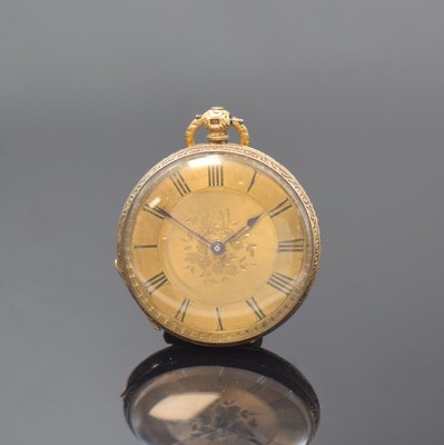 Zylindertaschenuhr in GG 750/000, Schweiz um 1890, Schlüsselaufzug, gold. Zifferbl. im Zentrum guill., gebl. Zeiger, Boden schmuckgraviert, verg. ...