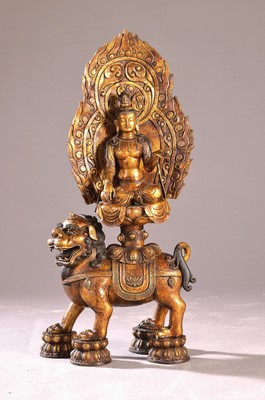 Großer Bodhisattva-Samantabhadra, China, 20. Jh., "Der allumfassende Gute", auf einem Fo-Löwen reitend, Bronze, z.T. vergoldet, H. ca. ...