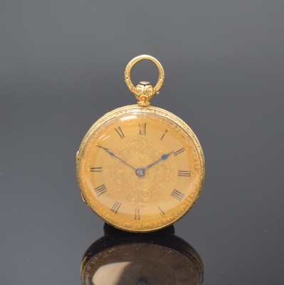 Offene Herrentaschenuhr in GG 750/000, London Hallmark 1851, fein schmuckgrav. Gehäuse, Gold Zifferblatt im Zentrum guill., gebl. Zeiger, feines ...