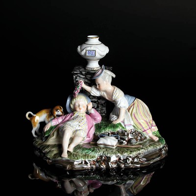 Porzellangruppe "Der bekränzte Schäfer", Höchst, Entw. Johann Peter Melchior, 2. Hälfte 20.Jh., Porzellan, farbig staffiert, H. 18 cm