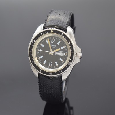 DUGENA Monza Herrenarmbanduhr in Stahl, Schweiz um 1970, Automatik, Boden u. Krone verschr., Lünette m. 60er Teilung eins. drehb., schwarzes ...