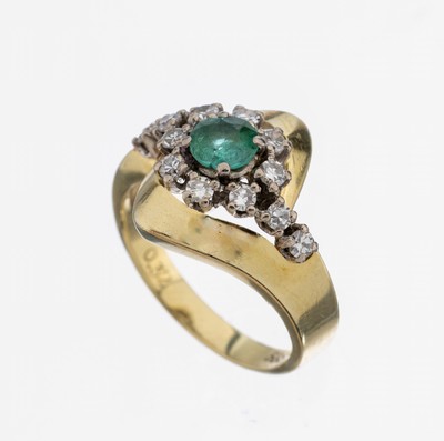 14 kt Gold Turmalin-Diamant-Ring, GG/WG 585/000, rundfacett. Turmalin ca. 0.40 ct, berieben, 12 8/8-Diamanten zus. ca. 0.32 ct (grav.) Weiß/si, ca. ...