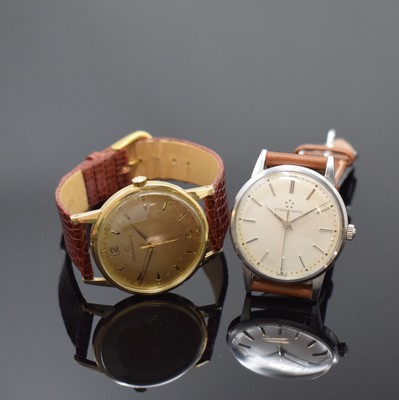 ETERNA-MATIC 2 Armbanduhren in GG 585/000 und Stahl, Schweiz um 1955, Böden aufgedr., 1 x gold. Zifferbl. altersbed. pat. und 1 x silb. Zifferbl., ...