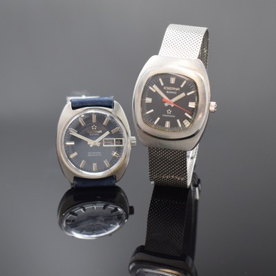 2 ETERNA Sonic Armbanduhren, Schweiz um 1970, Edelstahlgeh., Stimmgabelwerken, davon 1 x Sevenday m. orig. Lederband inkl. orig. Dornschl., Boden ...