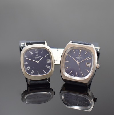 2 ETERNA-MATIC Herrenarmbanduhren Modellserie 2002 und 2003, Schweiz um 1970/80, Edelstahlgeh. inkl. orig. Lederbändern m. orig. Dornschl., Böden ...