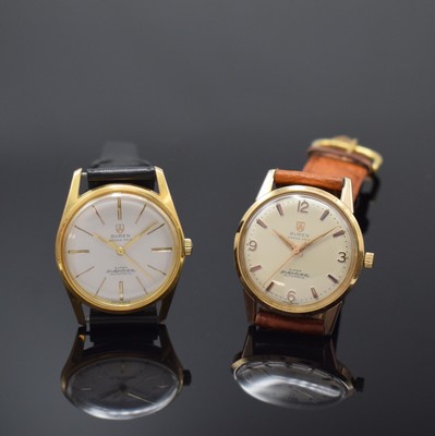 2 BUREN Herrenarmbanduhr Grand Prix Super Slender, Automatik mit Microrotor, Schweiz um 1965, verg. Metallgeh. m. verschr. Edelstahlböden, rotverg. ...