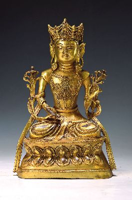 Bodhisattva, China, 20. Jh., Kupferlegierung vergoldet, mit Werkstattmarke rückseitig, H. ca. 24 cm