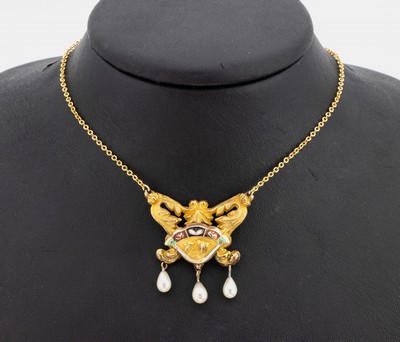 Collier mit Email und Perlchen, Österreich/ Ungarn 1870/80, Silber verg., Emaillierung min. besch., Perlabhängungen, L. ca. 46 cm, ...
