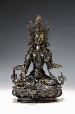 Grüne Tara, Nepal, um 1980, Kupferlegierung, Reste von Vergoldung, H. ca. 22 cm, Nothelferin