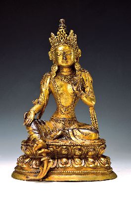 Grüne Tara, Nepal, 20. Jh., Kupferlegierung, Reste von Vergoldung, Werkstattmarke, H. ca. 25 cm, Nothelferin