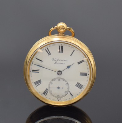 J. W. BENSON Herrentaschenuhr mit Schlüsselaufzug, England um 1890, GG 750/000 Geh. dell., Boden m. Schmuckmonogramm, Emailzifferblatt m. röm. Std. ...