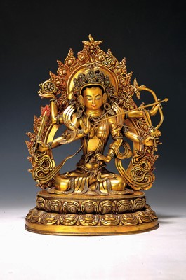 Eine der fünf Panka Raksha Gottheiten, Nepal Ende 20. Jh., Bronze, Schützgöttin vor Gefahr, ein Gesicht und sechs Arme mit Attributen, hier: ...