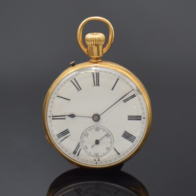 Offene Zylindertaschenuhr in GG 750/000, Schweiz / England um 1890, guill. Geh., verg. Cuv. bez. ANDW. Campbell 63 Cheapside London, Emailzifferbl. ...