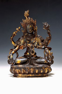 Bodhisattva, Nepal, 20. Jh., weibliche Gottheit mit sechs Armen und einem Gesicht, in den Händen Attribute, Kupferlegierung, z.T. vergoldet, H. 22 cm