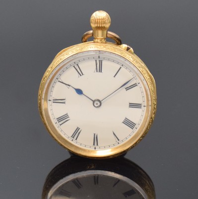 Offene Taschenuhr in GG 750/000, Schweiz / England um 1890, reich grav. Geh., verg. Cuvette, Emailzifferblatt m. röm. Std. riss., 3/4-plat. ...