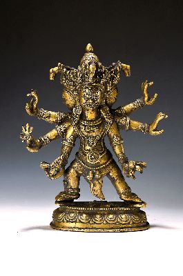 Dharmaschützer Hayagriva, Nepal, 20. Jh., Messing mit Restvergoldung, drei Gesichter, zornvoll mit Pferdeköpfen im Haar, sechs Arme, Attribute z.T. ...