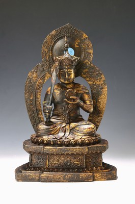 Würdenträger mit Schwert, China, 20. Jh., Bronze, über einem Lotus, auf einem Thron sitzend, Aureole, H. ca. 29 cm