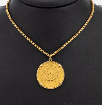 18 kt Gold Münzanhänger, Fassung GG 750/ 000, lose gefasste Goldmünze, 20 Pesos, Mexiko1917, Estados unidos Mexicanos, RV: Veinte Pesos, 15 gr. ...