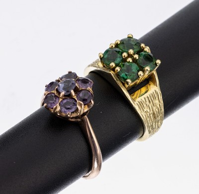 Konvolut 2 Gold Farbstein-Ring, 1x GG 585/000, Ringschultern strukt., 4 rundfacett. Turmaline zus. ca. 2.0 ct, RW 52, 1x RG 333/000 (gepr.), ...