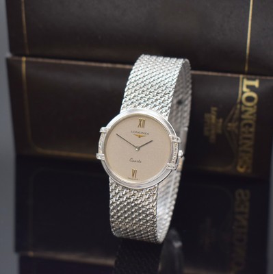 LONGINES Damenarmbanduhr in WG 750/000 mit Diamantbesatz, Schweiz um 1975, quarz, orig. Goldband, Boden aufgedr., Geh. seitl. m. Diamanten bes., ...