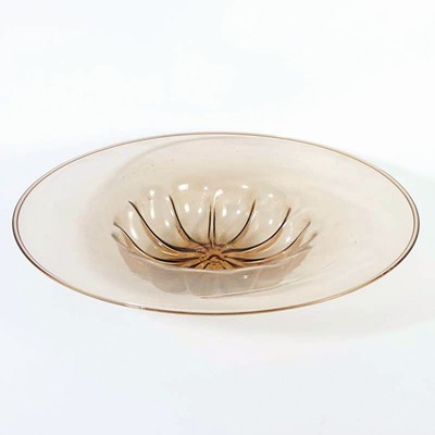 Runde Schale, Cappellin Venini Murano, mundgeblasenes rosa-braunes Glas, sog. soffiato, H. ca. 7cm, D. ca. 42cm