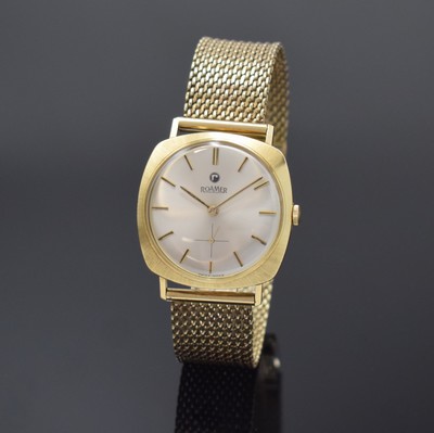 ROAMER Herrenarmbanduhr in GG 585/000, Schweiz um 1965, Handaufzug, GG 333/000 Band, Boden aufgedr., silb. Zifferbl. m. gold. Std.-Ind., gold. ...