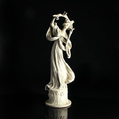 Jugendstil Figur, wohl Österreich, um 1900, Biskuitporzellan, Darst. einer jungen Frau mit Blütenzweig, H. ca. 50cm, am Sockel min. best./rest.