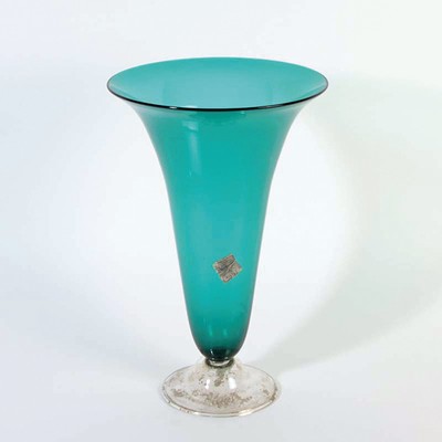Trichtervase, Martinuzzi Murano, 1930er Jahre, grünes Glas, Sockel Klarglas mit Golddekor, H. ca. 34cm