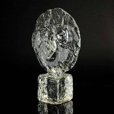 Glasskulptur, Ermanno Nason für Cenedese, Murano, farbloses strukturiertes Glas, stilisierte Darst. eines Gesichtes, H. ca. 29cm