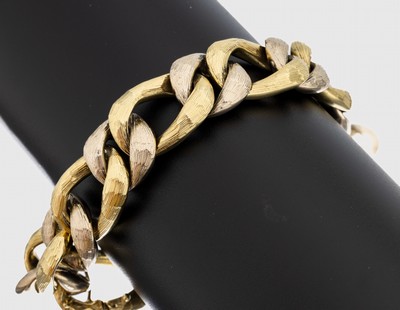 14 kt Gold Armband, GG/WG 585/000, deutsche Juwelieranfertigung, Glieder mit Borkenstruktur, L. ca. 20 cm, unsichtbare Schließe mit ...