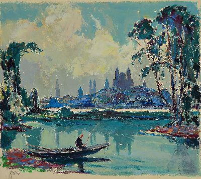 Karl Graf, 1902 Rothenburg-1986 Speyer, Blick über den Altrhein auf die Kulisse von Speyer mit dem Dom, vordergründig mit Angler, links unten ...