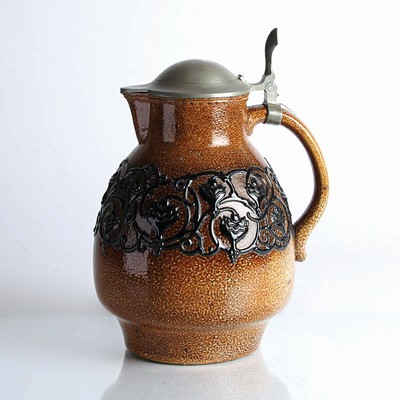 Steinzeugkrug, wohl Merkelbach, 20.Jh., Zinnmontur, H. 28 cm