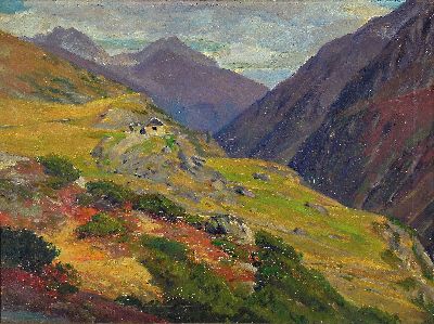 Max Gretschel, 1883-1955 Dresden, "Stubai - Alpainer Alm", Alpenlandschaft, links unten signiert, Öl/Lwd, schwarzer Rahmen 80x100 cm