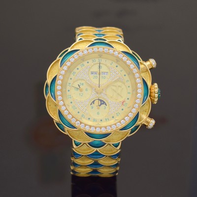 NIKLAUS TWERENBOLD einzigartiger Armbandchronograph in GG 750/000 mit Vollkalenderanzeige, Schweiz 2008, Automatik, massives Goldgeh. inkl. ...