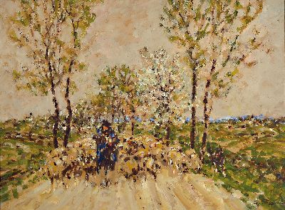 Julius Seyler, 1873-1958 München, Schäfer mit seiner Herde auf der Diessener Landstraße, Öl/Malkarton, rechts unten sign., ca. 59x79cm, u.Gl., R. ...