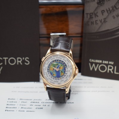 PATEK PHILIPPE hochfeine und extrem seltene Herrenarmbanduhr "WORLD TIME" mit Cloisonné- Zifferblatt in Roségold 750/000 Referenz ...