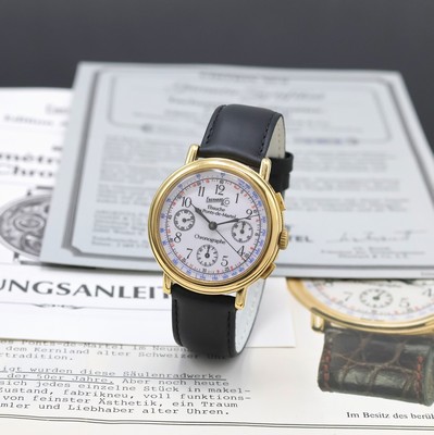 EBERHARD & CO auf 850 Stück limitierter Schaltradchronograph, Schweiz verk. lt. Pap. 12/1985, Handaufzug, Boden u. Glasrand aufgedr., weißes ...