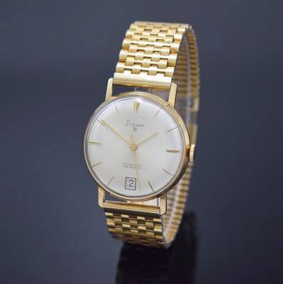 STOWA Herrenarmbanduhr in GG 585/000, Schweiz um 1965, Automatik, Boden aufgedr., verg. Band, silb. Zifferbl. m. gold. Std.-Ind. u. Zeiger, Datum, ...